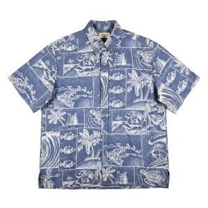 VTG 90s Kahala 1936 Short Sleeve Hawaiian Aloha Shirt Blue L Made in Hawaii Y2k